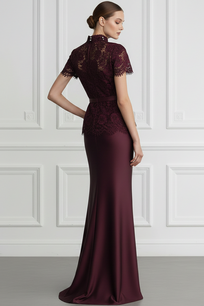High-Neck Cap-Sleeves Floor-Length Lace&Satin Mermaid Wedding Guest Dress