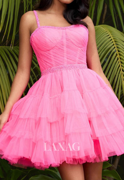 Sweetheart Spaghetti Straps Sleeveless Beaded Pleated Tulle Tiered A-Line Party Homecoming Dress