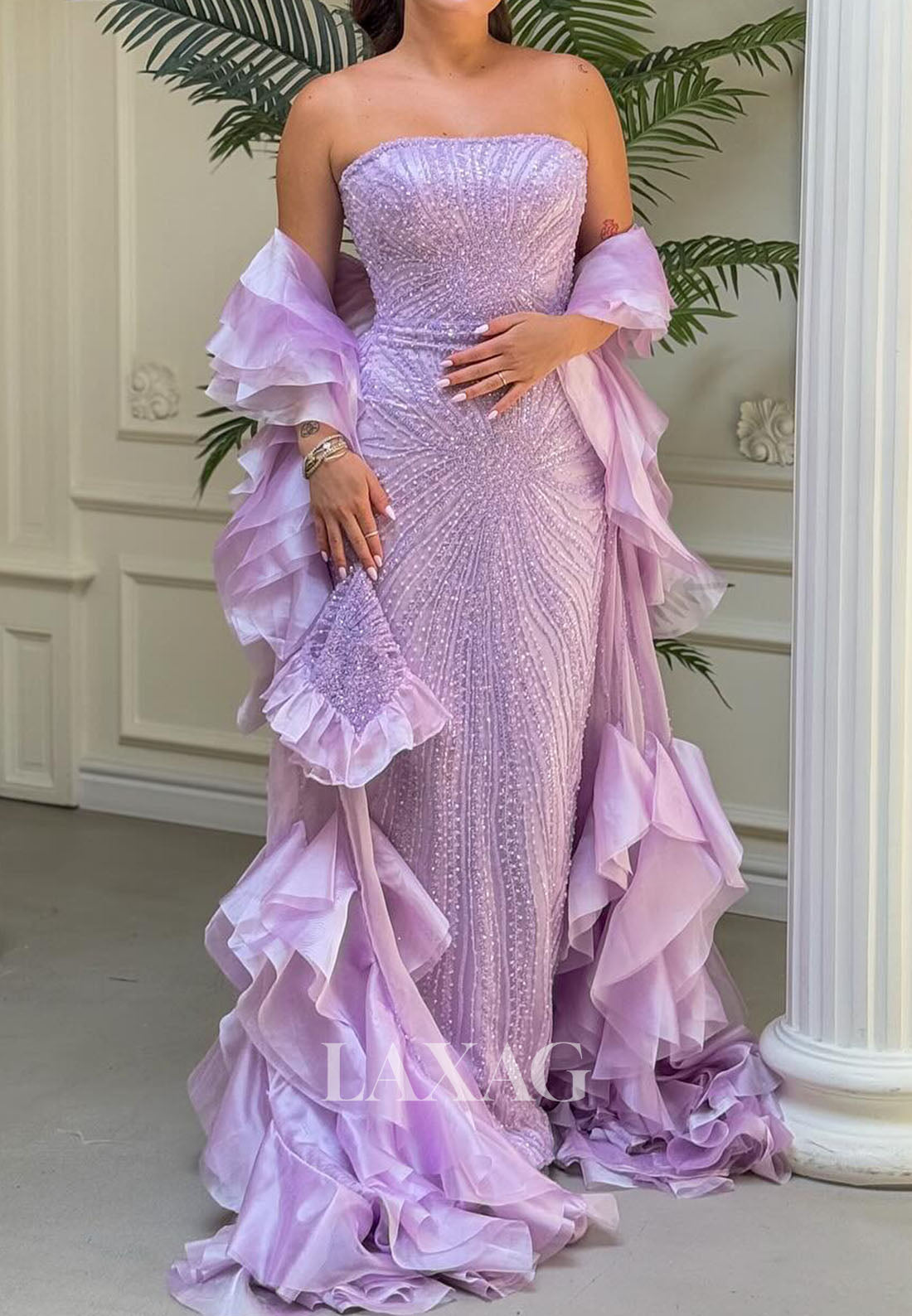 Tube Top Floor-Length Chiffon Pleated Mermaid Prom Dress Fully Sequined Beaded Evening Gowns