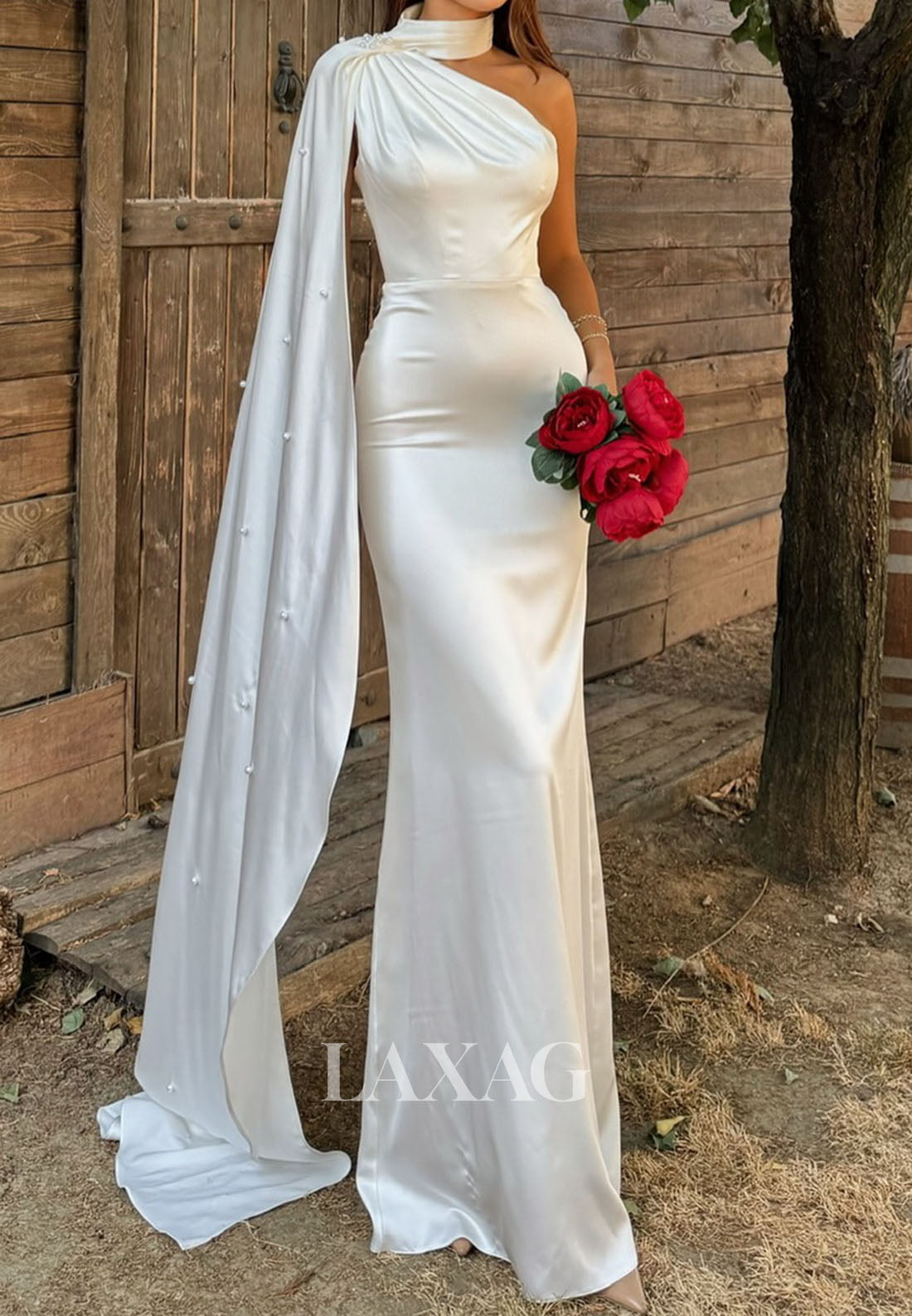 Halter Asymmetrical-Neck Sleeveless Floor-Length Pleated Satin Mermaid Wedding Dress with Train