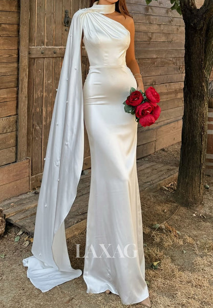 Halter Asymmetrical-Neck Sleeveless Floor-Length Pleated Satin Mermaid Wedding Dress with Train