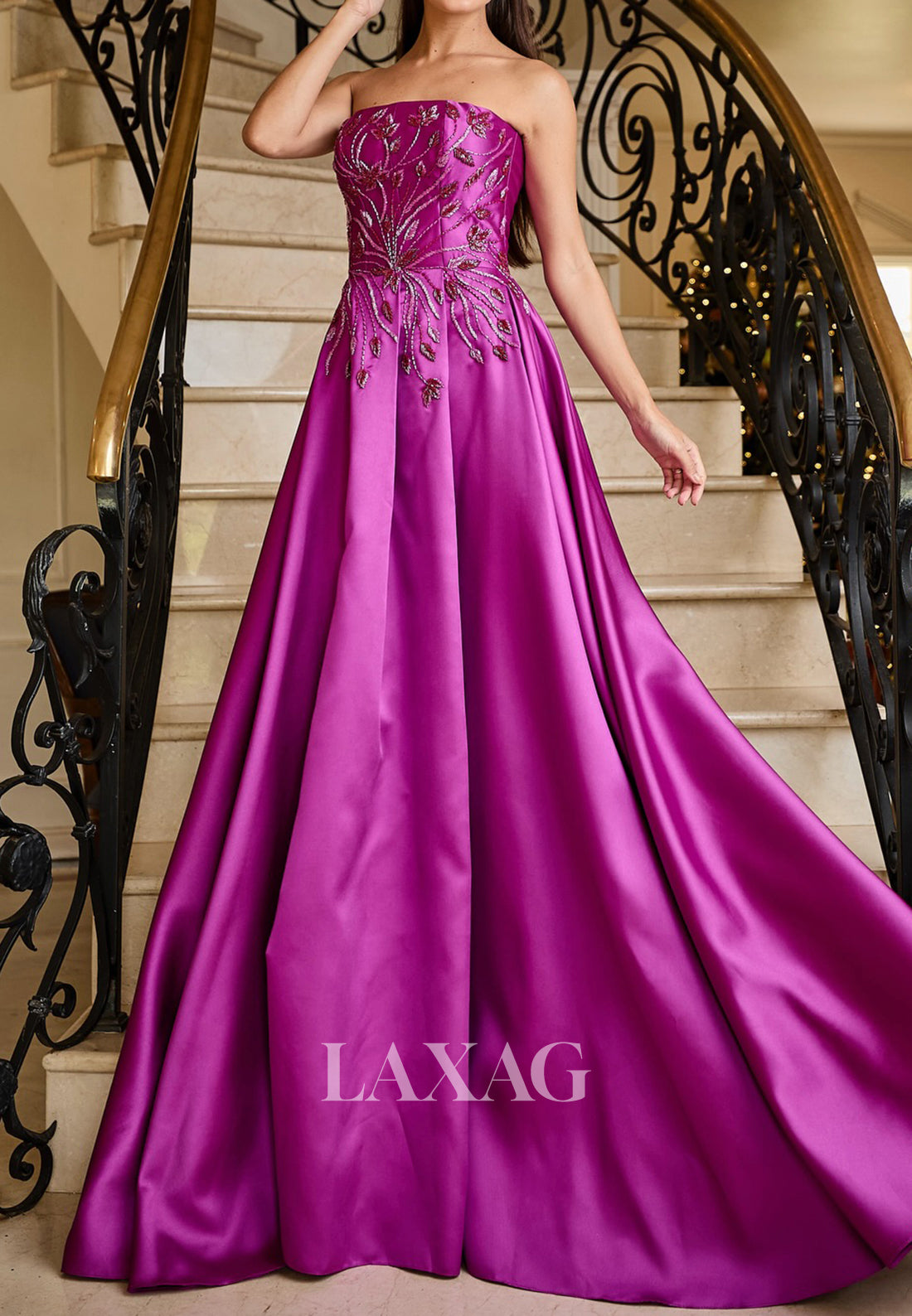 Tube Top Off-Shoulder Sleeveless Beaded Applique Satin Pleated A-Line Evening Dress with Train