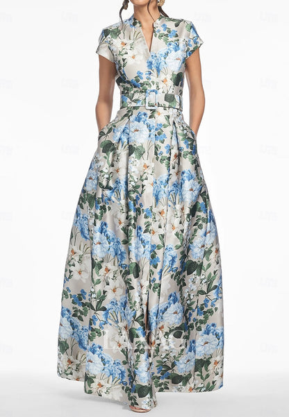 V-Neck Print-Satin Pleated High Slit Formal Gowns Cap-Sleeves Floor-Length A-Line Evening Dress