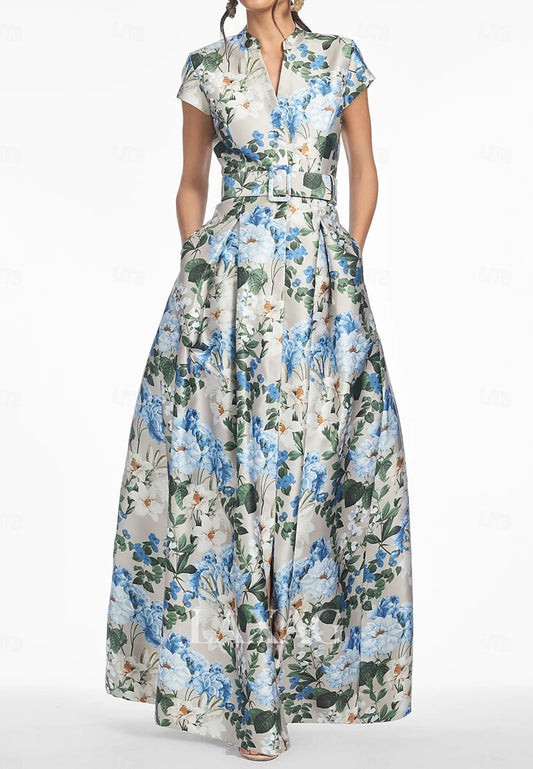 V-Neck Print-Satin Pleated High Slit Formal Gowns Cap-Sleeves Floor-Length A-Line Evening Dress