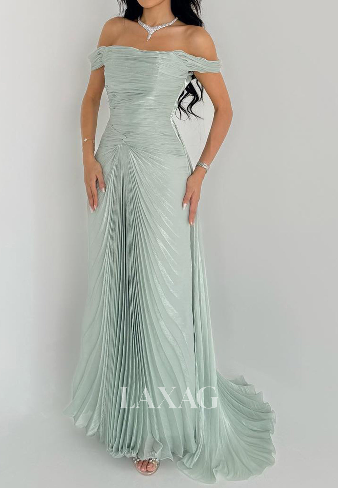Bateau-Neck Off-Shoulder Sleeveless Mermaid Evening Dress Pleated Chiffon Formal Gowns