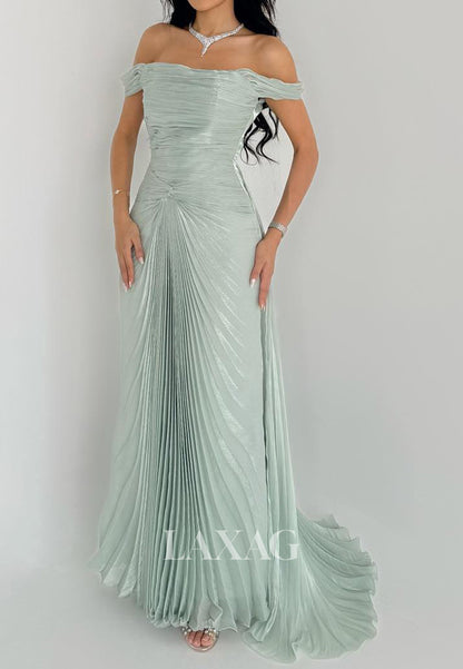 Bateau-Neck Off-Shoulder Sleeveless Mermaid Evening Dress Pleated Chiffon Formal Gowns