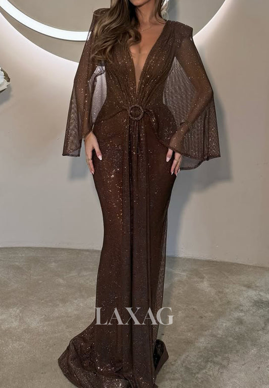 Sleeveless Fully Sequined Pleated Tulle Mermaid Prom Dress Deep V-Neck Floor-Length Party Gowns