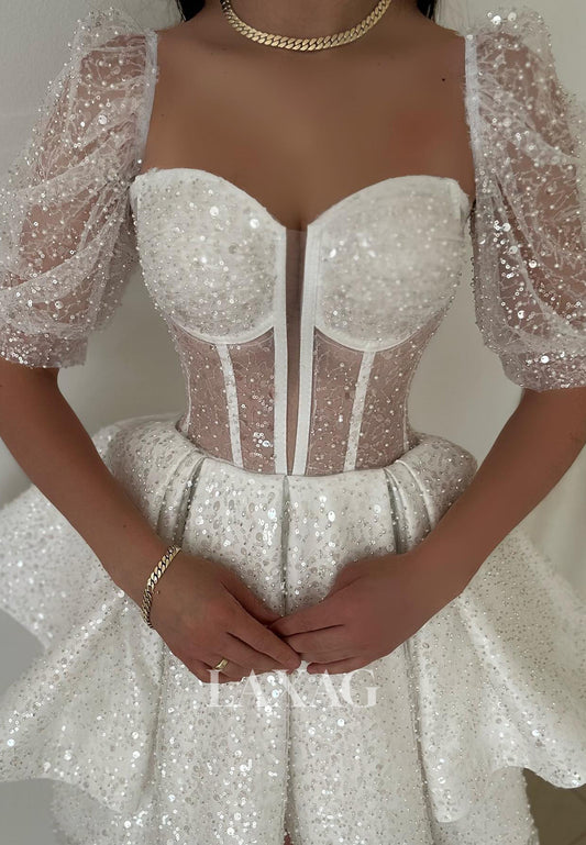 Sweetheart Short-Sleeves Fully Sequined Beaded Pleated Tiered A-Line Party Homecoming Dress