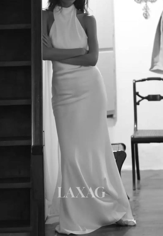 Halter-Neck Off-Shoulder Sleeveless Satin Floor-Length Simple Mermaid Wedding Dress