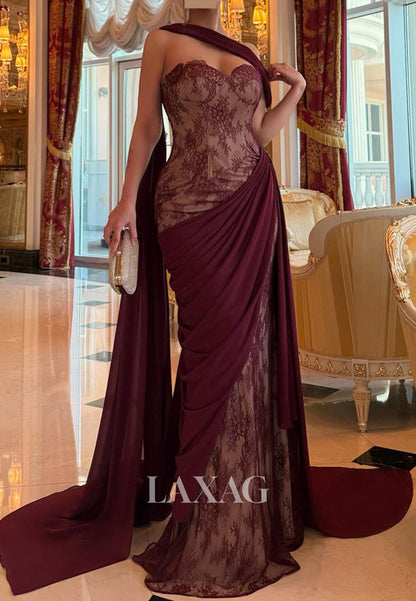 Sweetheart Sleeveless Lace&Chiffon Pleated Floor-Length Mermaid Evening Dress