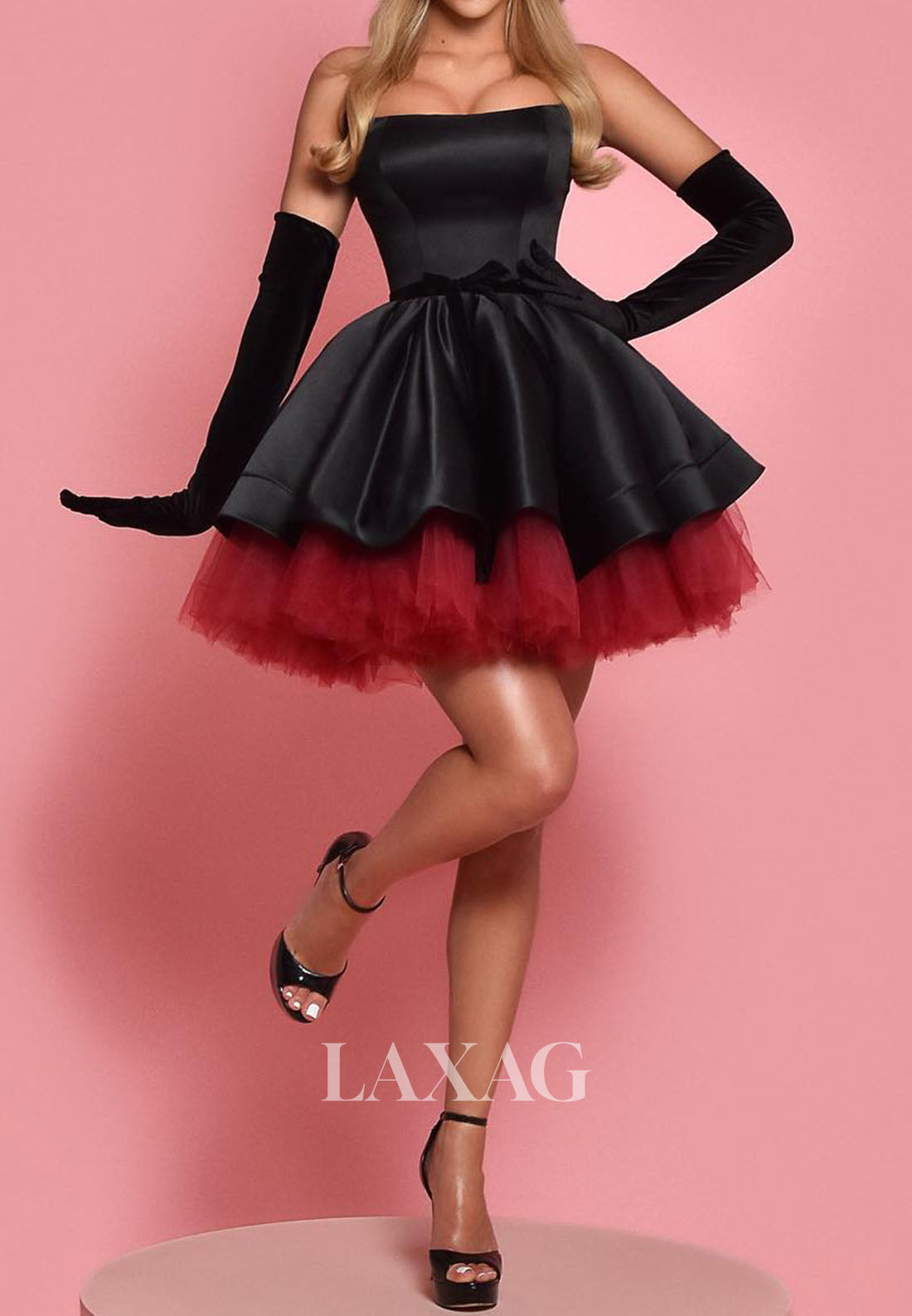 Tube Top Off-Shoulder Sleeveless Pleated Satin&Tulle Two Tone A-Line Homecoming Dress
