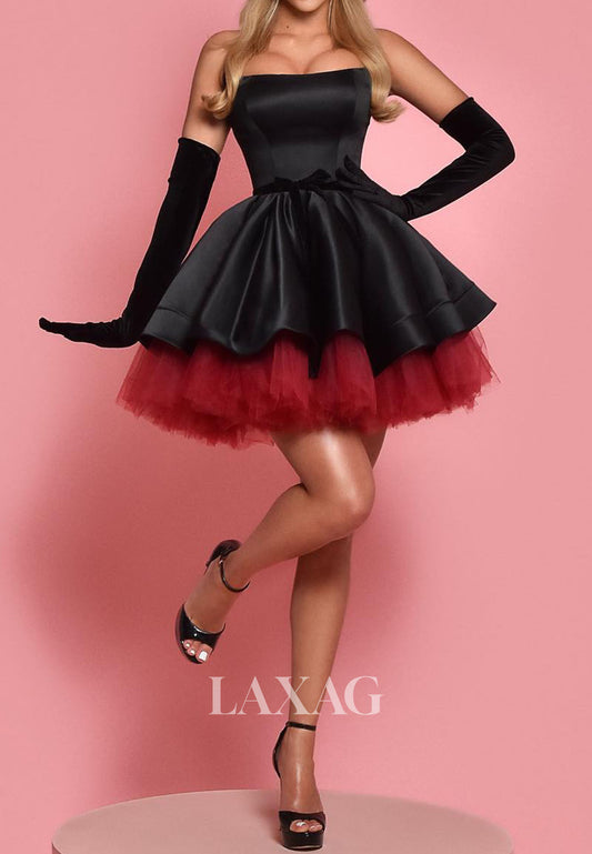 Tube Top Off-Shoulder Sleeveless Pleated Satin&Tulle Two Tone A-Line Homecoming Dress