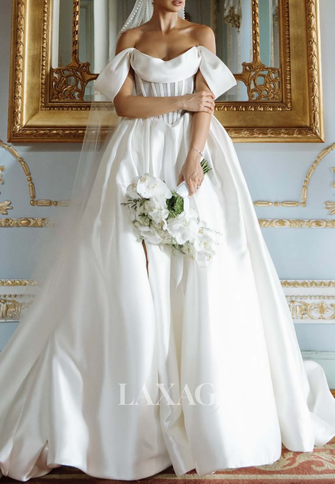 A-Line Simple Scoop-Neck Off-Shoulder Sleeveless Pleated Satin Wedding Dress with High Slit