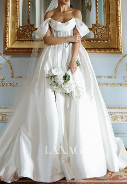 A-Line Simple Scoop-Neck Off-Shoulder Sleeveless Pleated Satin Wedding Dress with High Slit