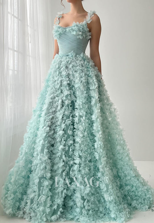 Scoop-Neck Spaghetti Straps Sleeveless Floral Embellished Pleated Tulle A-Line Prom Dress