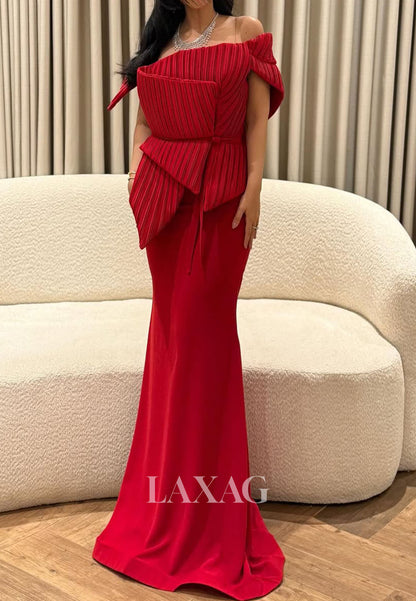 Asymmetrical-Neck Off-Shoulder Mermaid Evening Dress Sleeveless Pleated Satin Formal Gowns