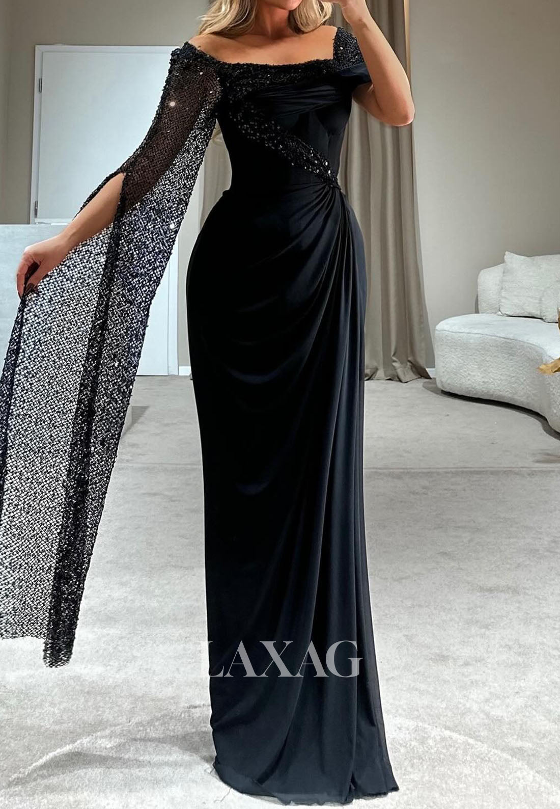 Bateau-Neck One-Cap-Sleeve Formal Gowns Sequined Pleated Chiffon Mermaid Evening Dress
