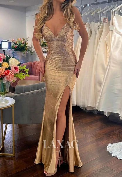 V-Neck Spaghetti Straps Sleeveless Fully Beaded Satin Floor-Length High Slit Mermaid Prom Dress