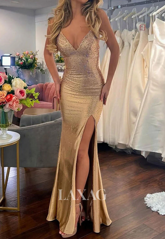 V-Neck Spaghetti Straps Sleeveless Fully Beaded Satin Floor-Length High Slit Mermaid Prom Dress