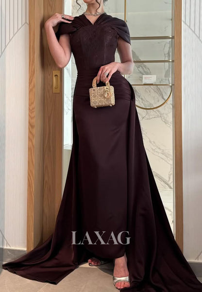 Tube Top Cap-Sleeves Mermaid Evening Dress Pleated Satin&Lace Formal Gowns with Train