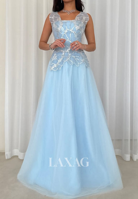 Tube Top Sleeveless Sheer Pleated Tulle A-Line Prom Dress Sequined Floor-Length Party Gowns