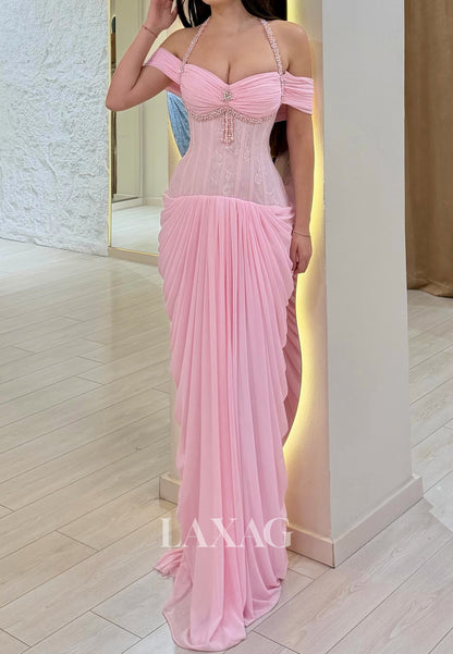 Halter-Sweetheart Sleeveless Beaded Chiffon Pleated Floor-Length Mermaid Formal Prom Dress