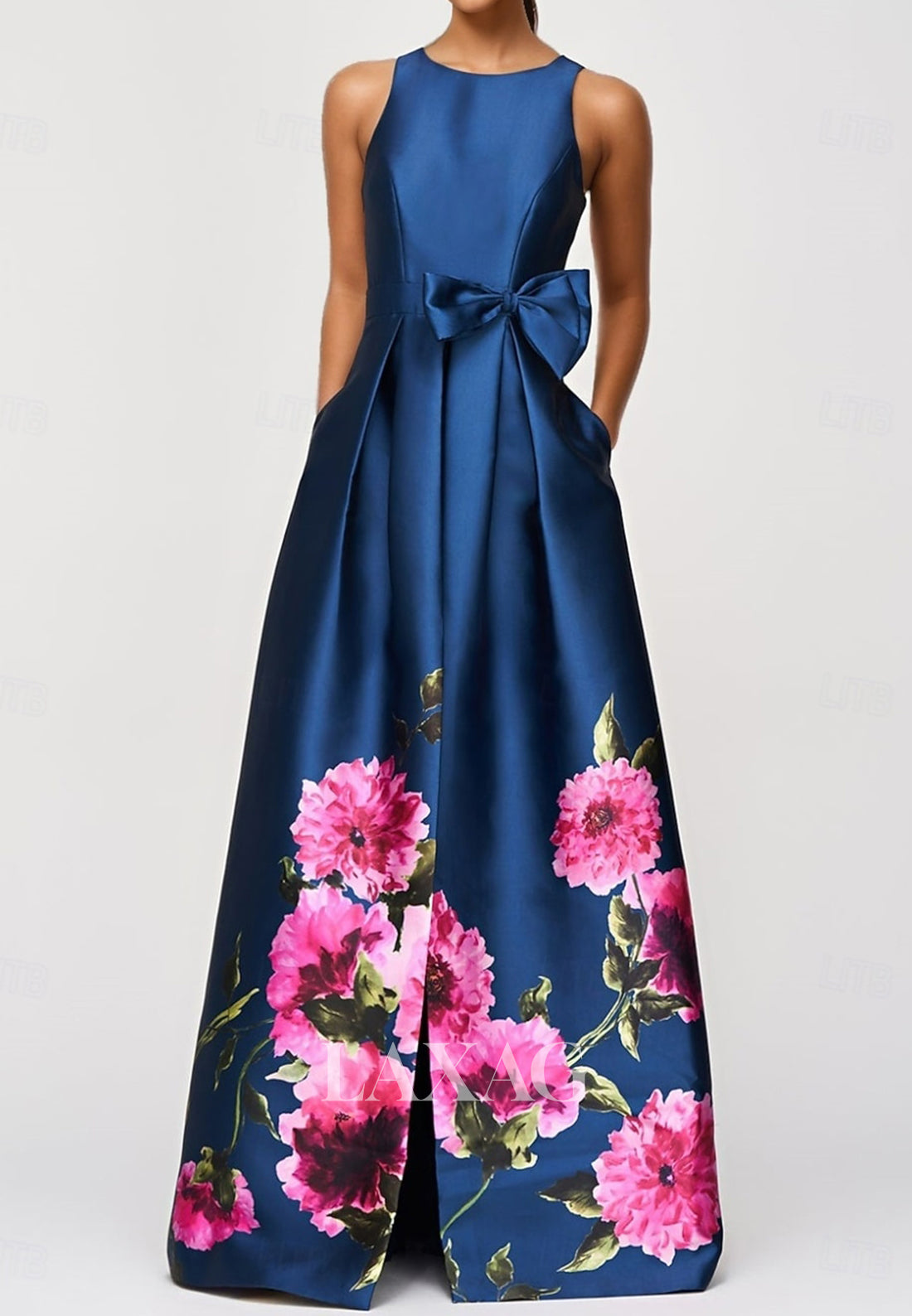 Scoop-Neck Sleeveless Print Satin Pleated A-Line Mother of the Bride Dress with High Slit