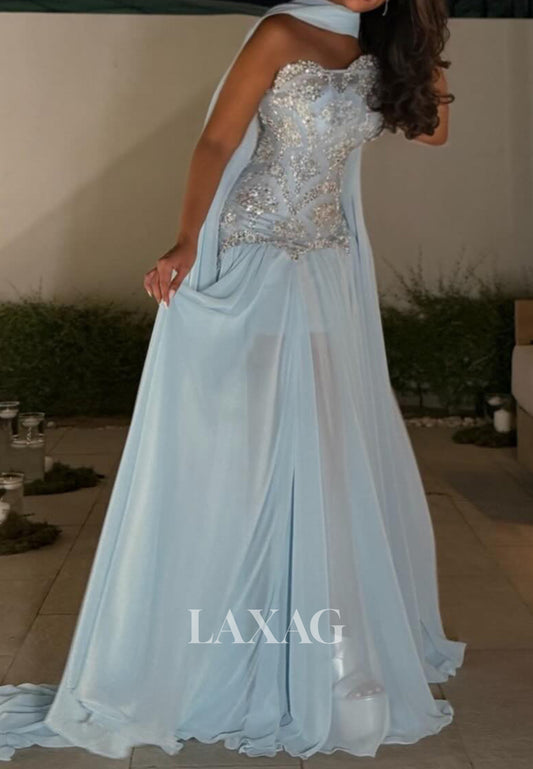 Tube Top Off-Shoulder Sleeveless Sequined Beaded Tulle Pleated Floor-Length A-Line Prom Dress