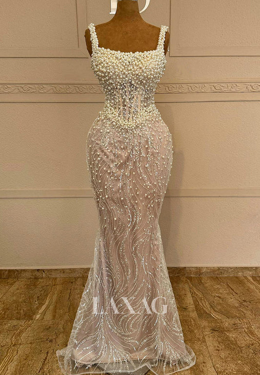 Bateau-Neck Straps Sleeveless Mermaid Evening Dress Sequined Pearls Beaded Prom Gowns