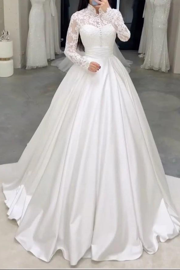 High-Neck Long-Sleeves Beaded Lace Applique Tulle&Satin Pleated A-Line Wedding Dress