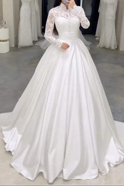 High-Neck Long-Sleeves Beaded Lace Applique Tulle&Satin Pleated A-Line Wedding Dress