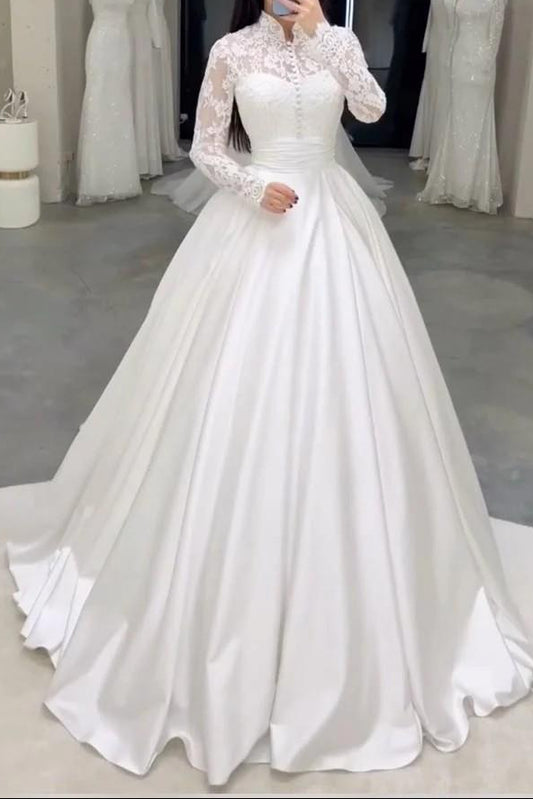 High-Neck Long-Sleeves Beaded Lace Applique Tulle&Satin Pleated A-Line Wedding Dress