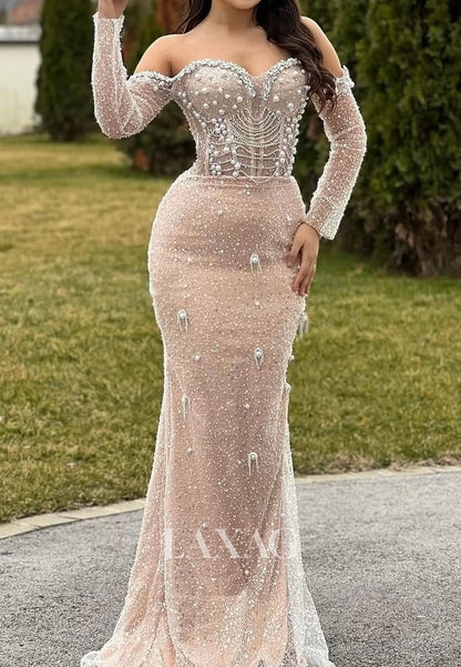 Sweetheart Off-Shoulder Fully Beaded Formal Gowns Long-Sleeves Pearls Meramid Evening Dress
