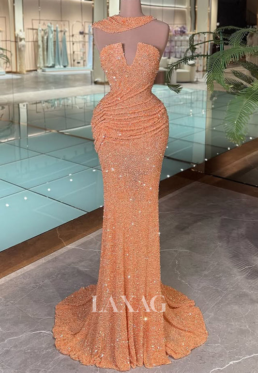 V-Neck Sweep Train Prom Gowns Fully Sequined Beaded Pleated Mermaid Evening Dress