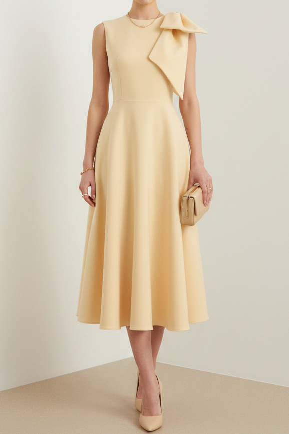 Scoop-Neck Sleevelss Satin Tea-Length A-Line Wedding Guest Dress with Bow