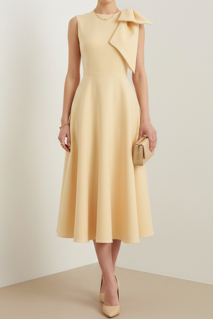 Scoop-Neck Sleevelss Satin Tea-Length A-Line Wedding Guest Dress with Bow