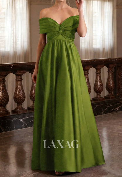 V-Neck Off-Shoulder Sleeveless Satin Pleated Floor-Length Simple A-Line Evening Dress