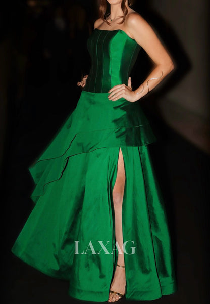 Tube Top Off-Shoulder Sleeveless Floor-Length Satin Pleated High Slit Tiered A-Line Prom Dress