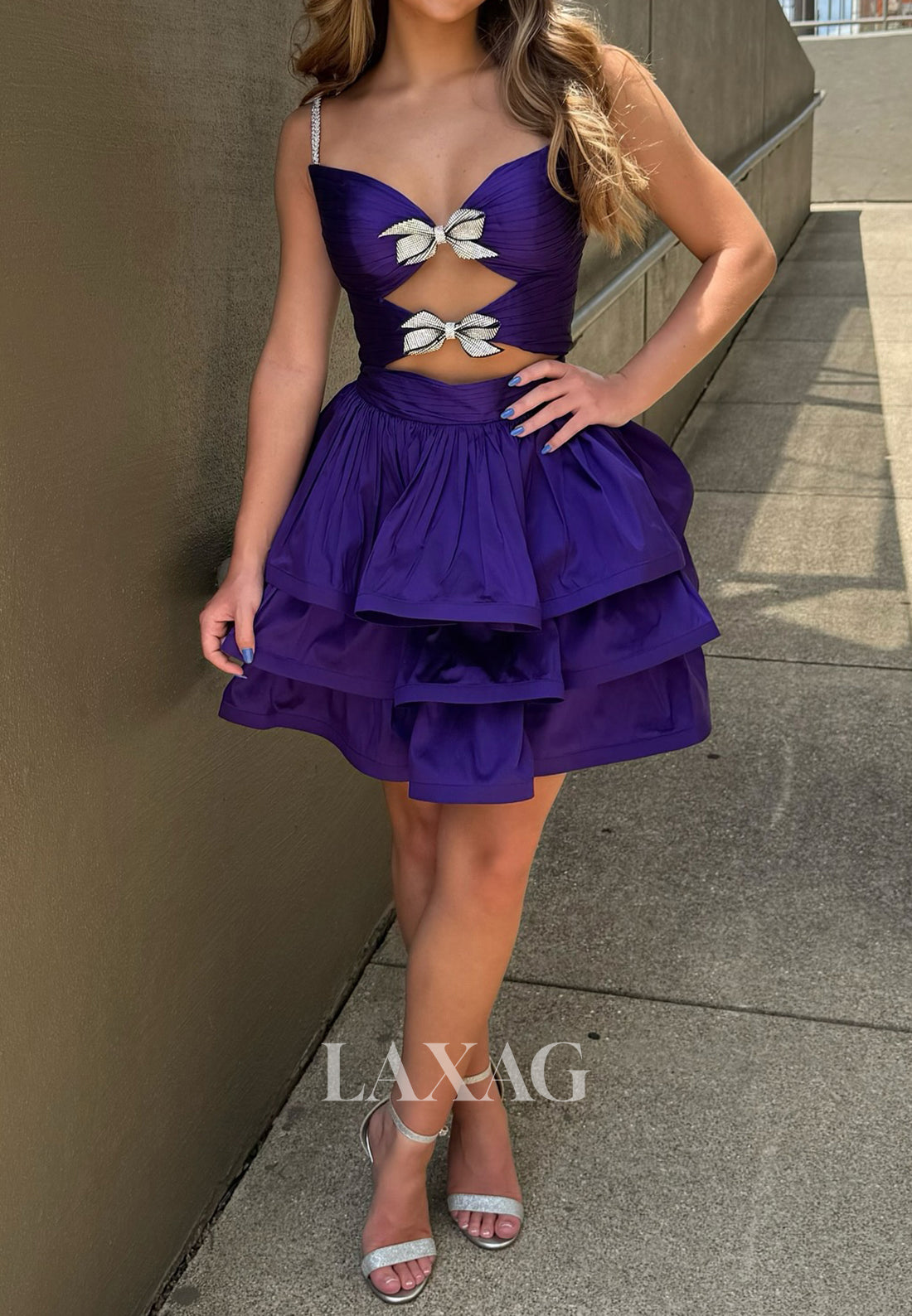 Sweetheart Spaghetti Straps Pleated Satin Tiered A-Line Homecoming Dress with Beaded Bows