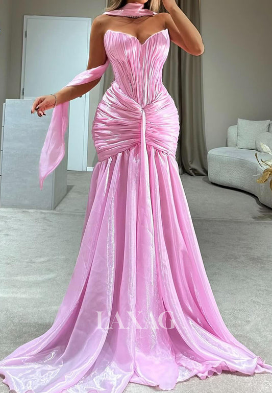 Sweetheart Sleeveless Mermaid Prom Dress Off-Shoulder Pleated Metallic-Chiffon Party Gowns