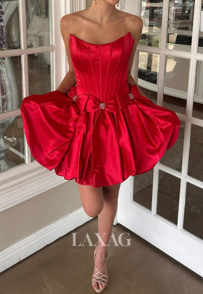 Off-Shoulder Scoop-Neck Sleeveless Pleated Satin A-Line Party Homecoming Dress with Bows