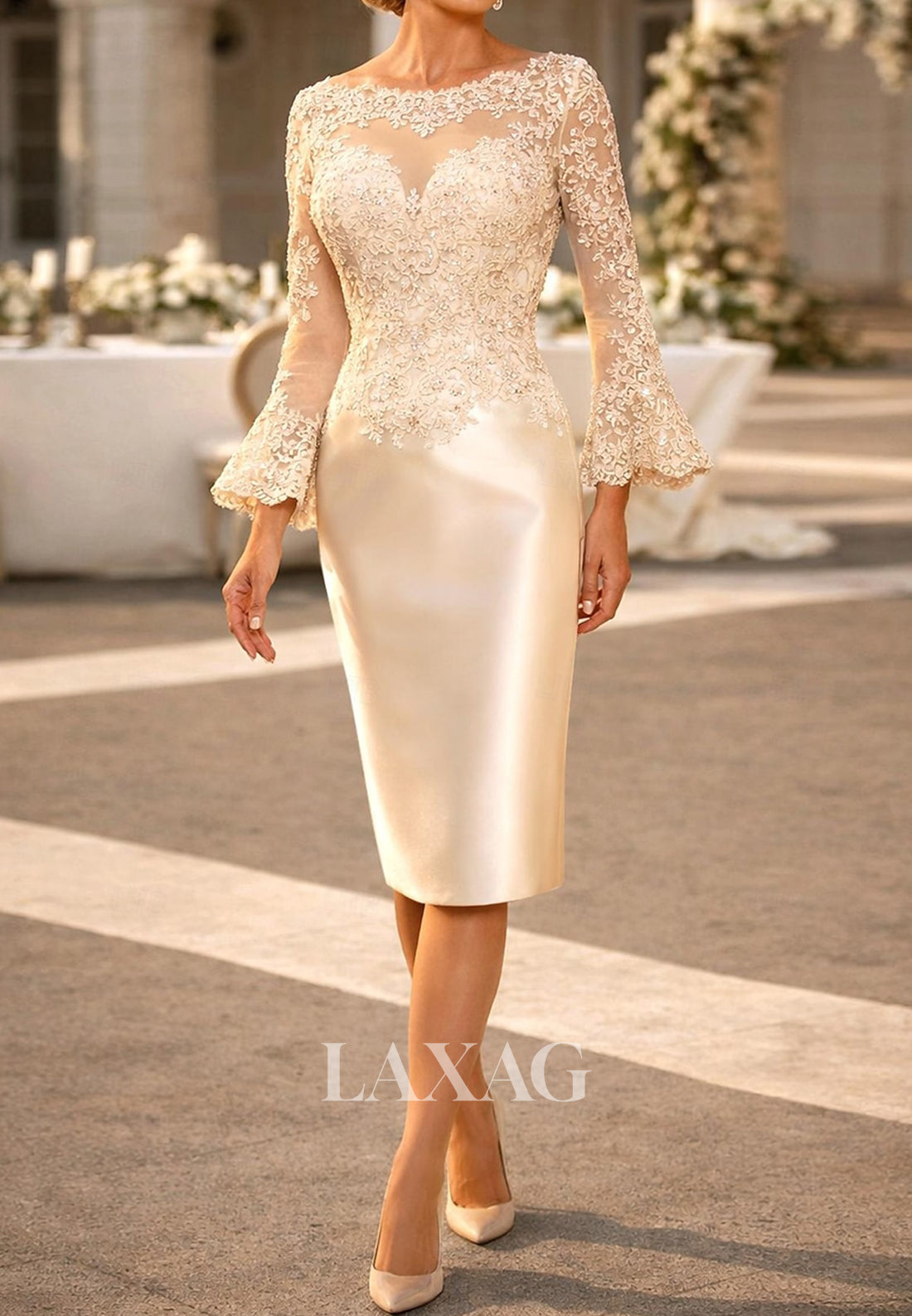 Scoop-Neck Long-Sleeves Knee-Length Beaded Applique Satin Mermaid Mother of the Bride Dress