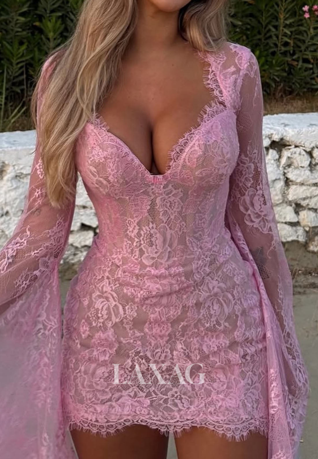 V-Neck Long-Bell-Sleeves Allover Lace Applique Pleated Sheer Mermaid Party Homecoming Dress