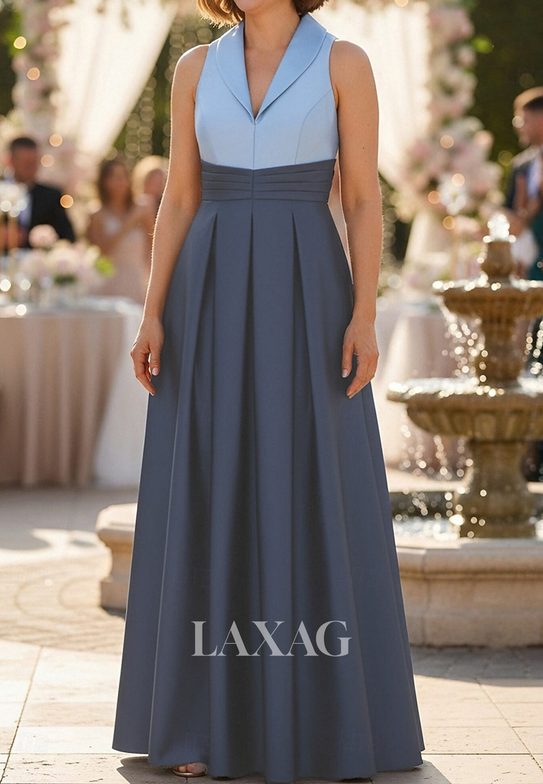 Collared V-Neck Sleeveless Two Tone Satin Pleated Floor-Length A-Line Mother of the Bride Dress