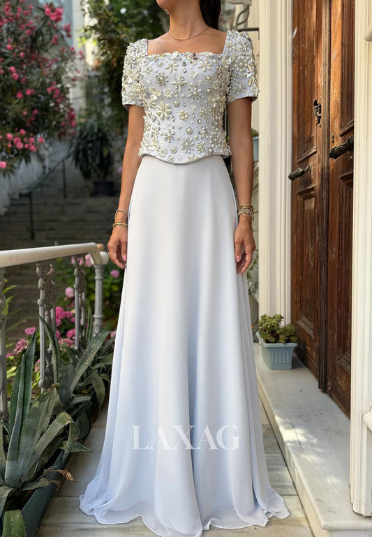 Scoop-Neck Rhinestone Sequined Beaded Formal Gowns Short-Sleeves A-Line Evening Dress