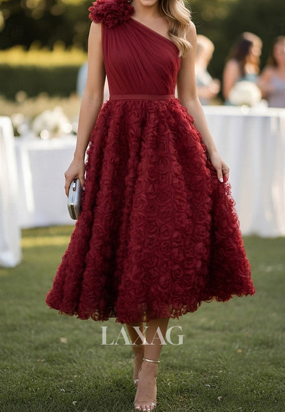 Asymmetrical-Neck One-Strap 3D-Floral Chiffon Pleated Tea-Length A-Line Mother of the Bride Dress