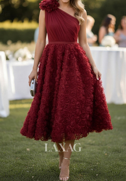 Asymmetrical-Neck One-Strap 3D-Floral Chiffon Pleated Tea-Length A-Line Mother of the Bride Dress