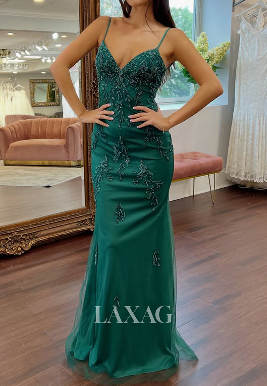 Sequined Beaded Applique Satin Formal Gowns V-Neck Spaghetti Straps Mermaid Prom Dress