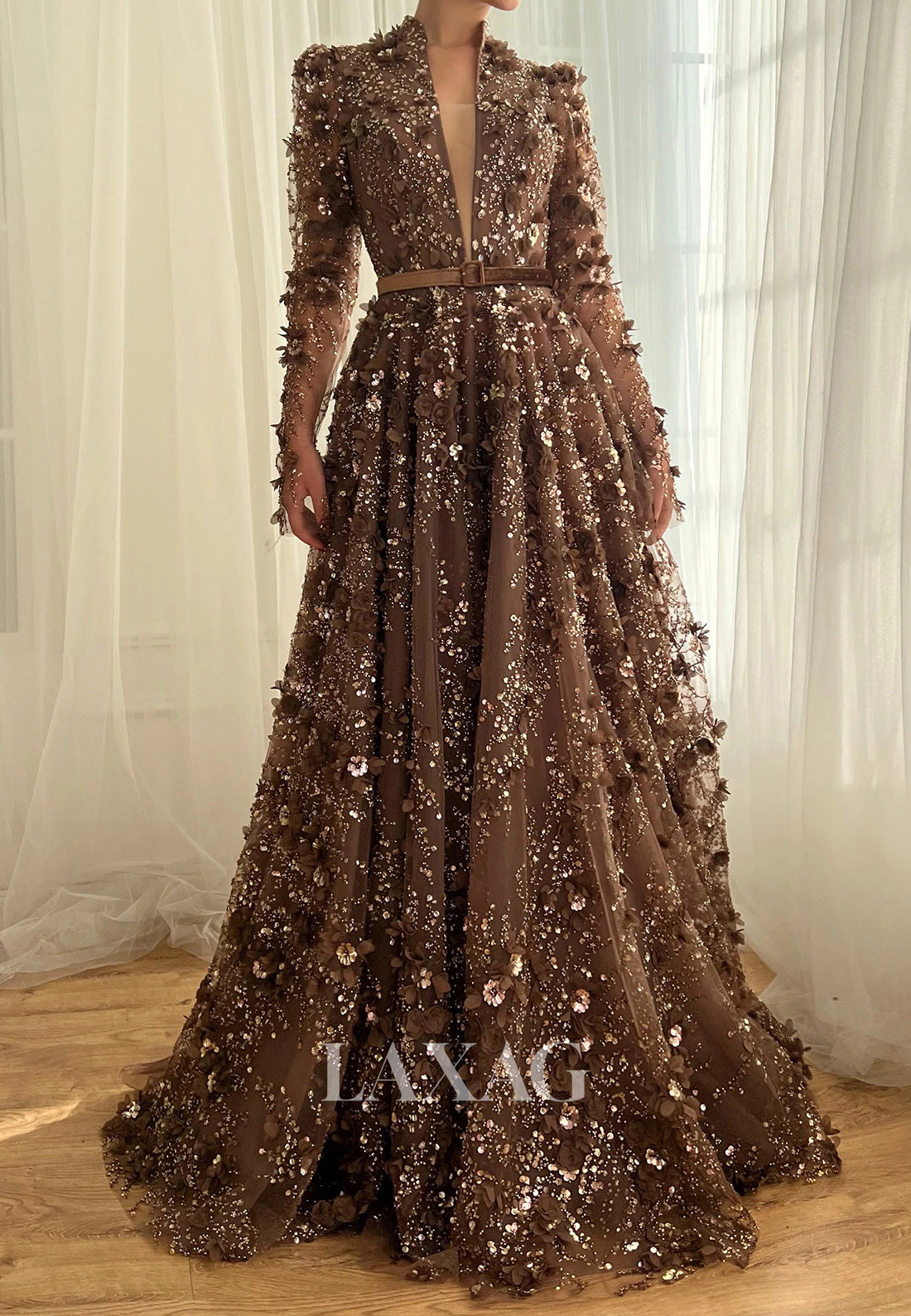 A-Line Plunging V-Neck Long-Sleeves Prom Dress Sequined Floral Embellished Tulle Party Gowns