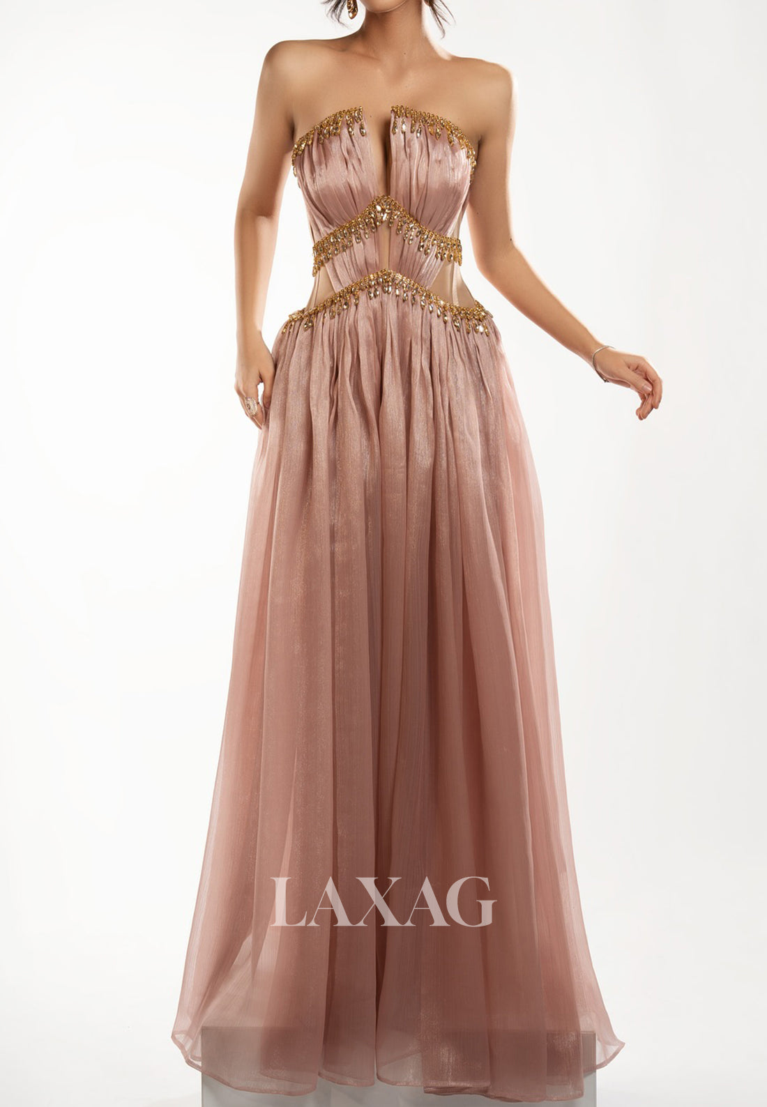 Tube Top Sleeveless Rhinestone Beaded Chiffon Pleated Floor-Length A-Line Formal Prom Dress